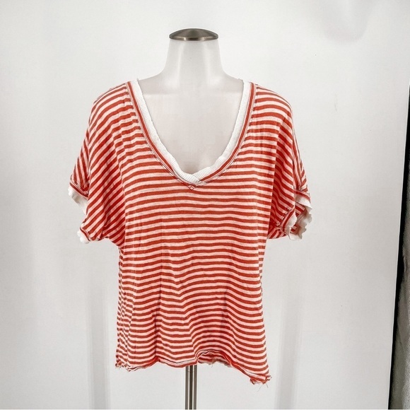We the Free People Oversized Tee T-Shirt Top  Sleeve Coral Stripe Relaxed - Picture 9 of 9